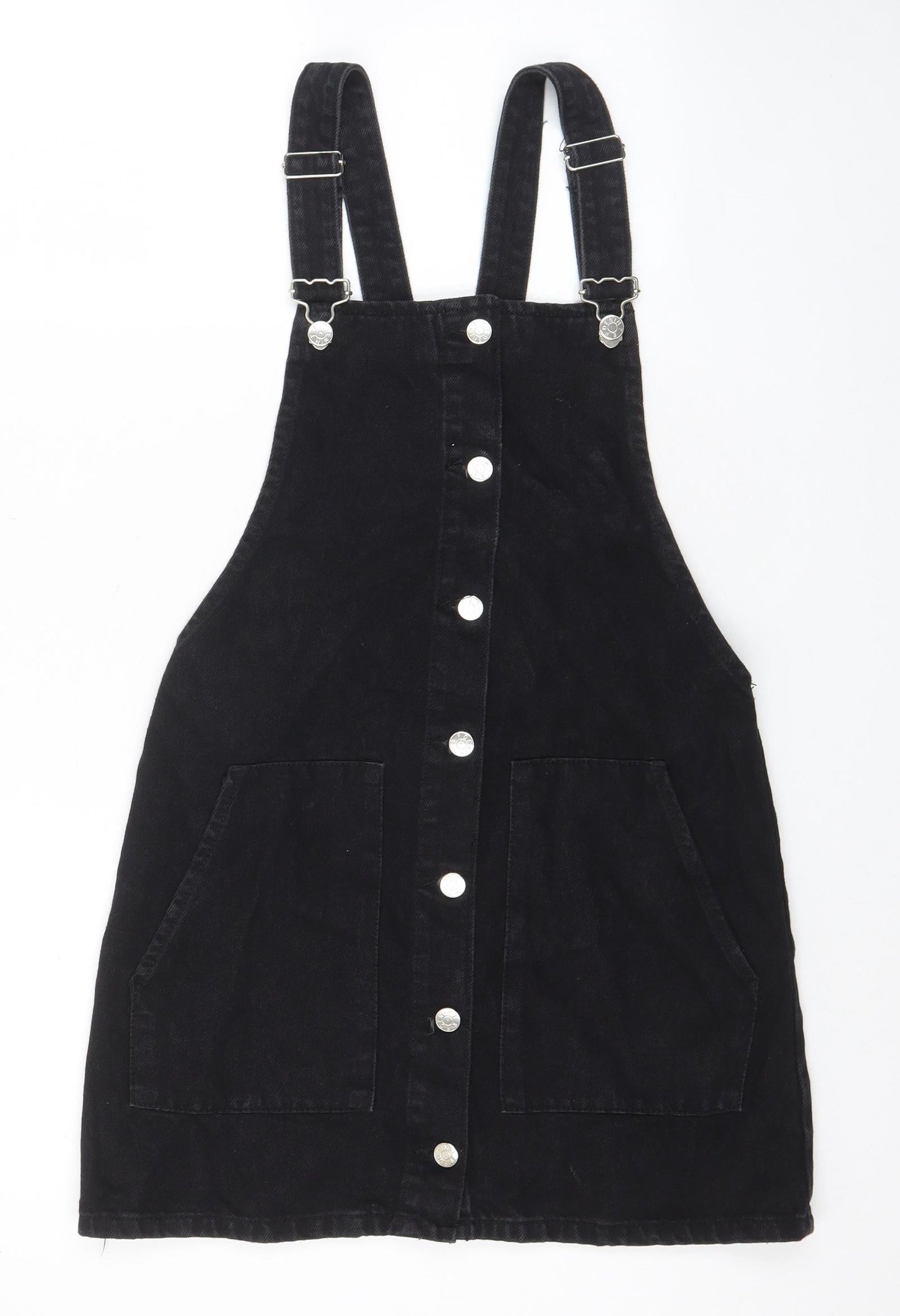Zara Womens Black Cotton Pinafore/Dungaree Dress Size XS Square Neck Button