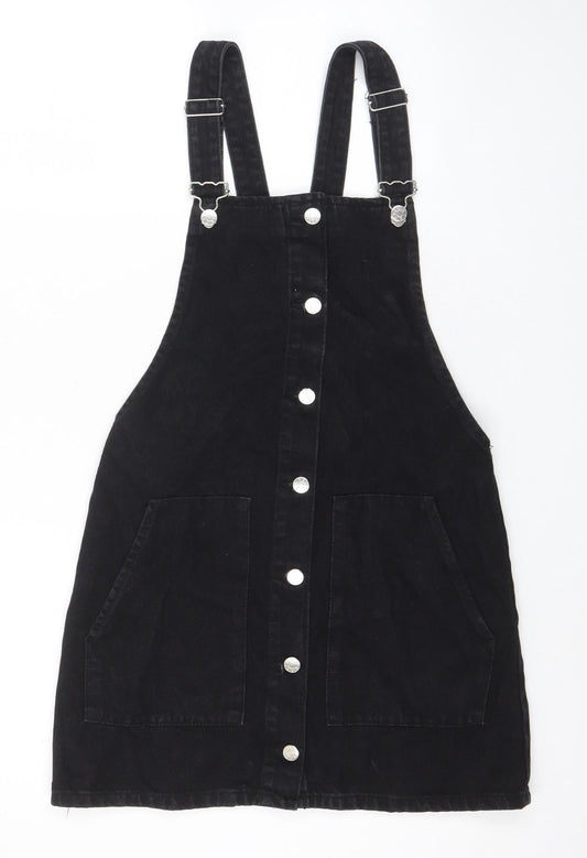 Zara Womens Black Cotton Pinafore/Dungaree Dress Size XS Square Neck Button