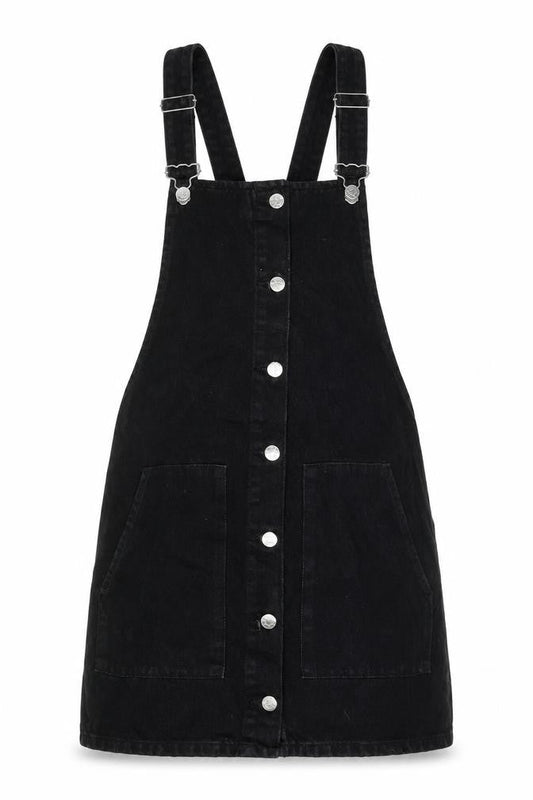 Zara Womens Black Cotton Pinafore/Dungaree Dress Size XS Square Neck Button