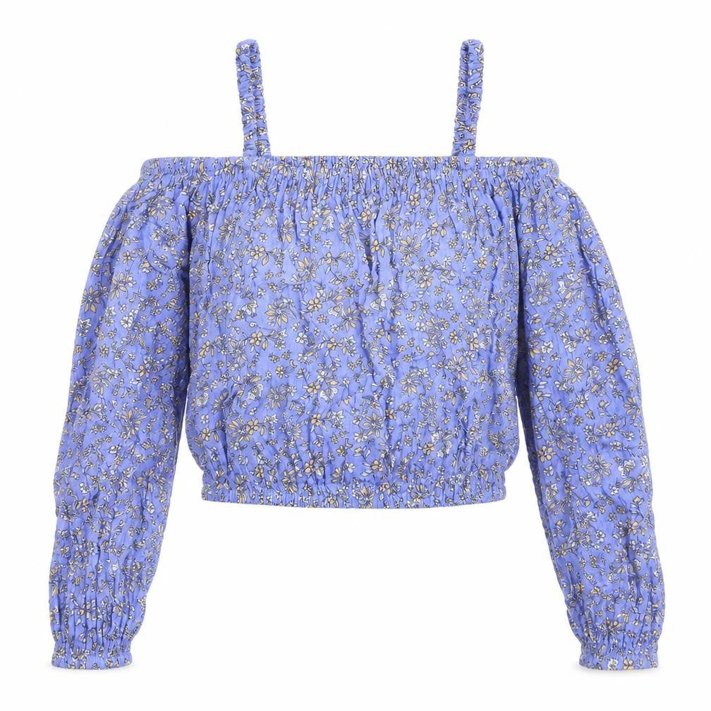 Marks & Spencer Girls Blue Floral Viscose Basic Blouse Size 12-13 Years Square Neck - Cold Shoulder