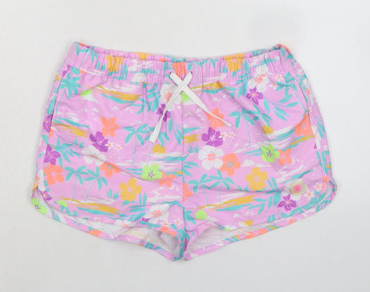 Marks and Spencer Girls Purple Floral 100% Polyester Bermuda Shorts Size 12-13 Years Regular Drawstring - Inside Leg 1.5in