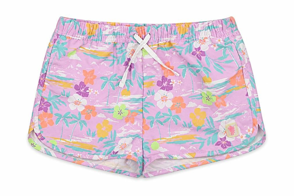 Marks & Spencer Girls Purple Floral 100% Polyester Bermuda Shorts Size 12-13 Years Regular Drawstring - Inside Leg 1.5in
