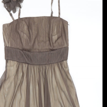 Close-up detail of ESPRIT women’s brown polyester a-line, size UK 12, square neck zip - removable straps