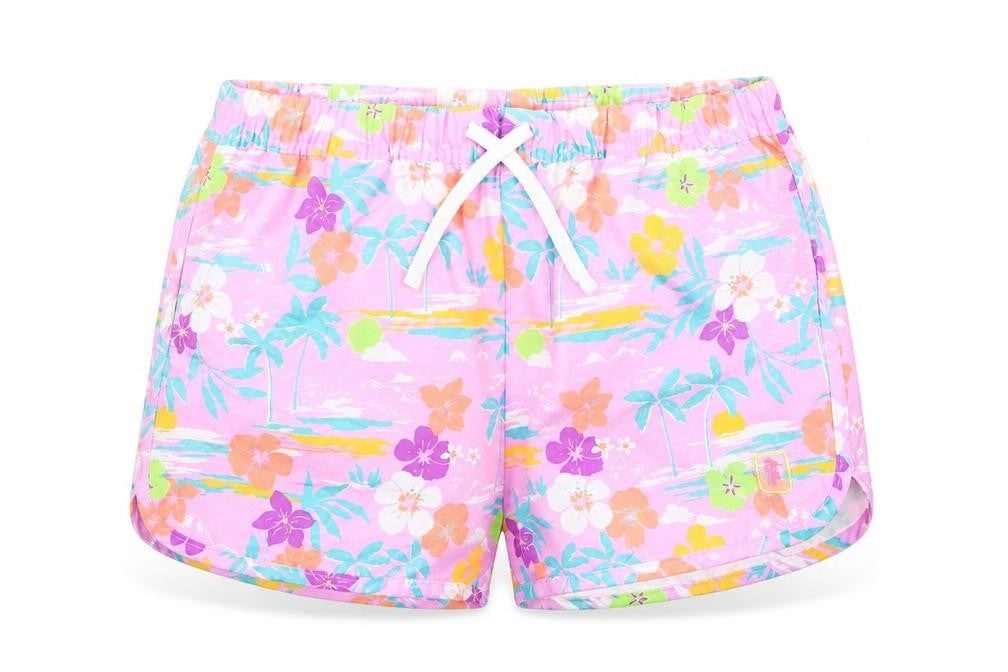 Marks & Spencer Girls Purple Floral 100% Polyester Bermuda Shorts Size 13-14 Years Regular Drawstring - Inside Leg 1.5in