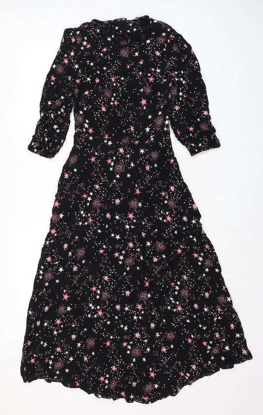 Marks and Spencer Womens Black Geometric Viscose A-Line Size 6 Round Neck Zip - Fireworks