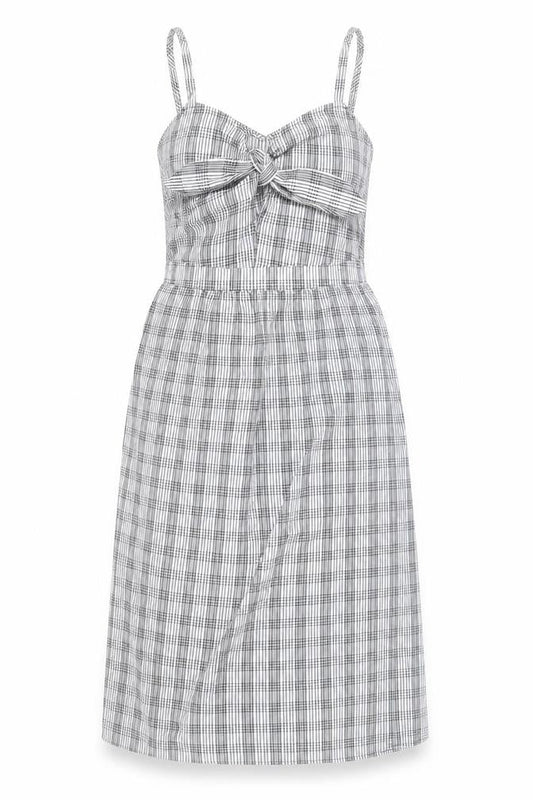 Front view of Miss Selfridge women’s black plaid polyester a-line, size UK 8, v-neck pullover