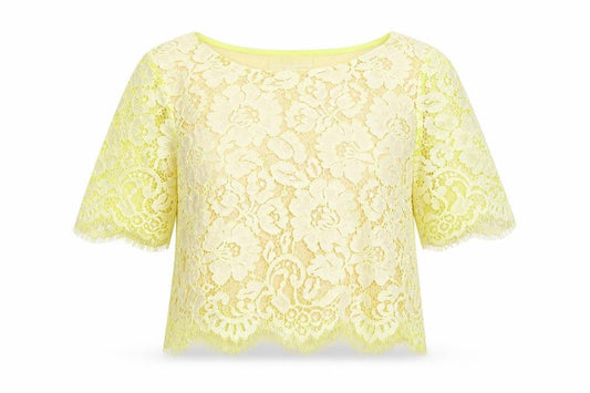 Erin Womens Yellow Floral Cotton Basic T-Shirt Size 6 Round Neck - Lace