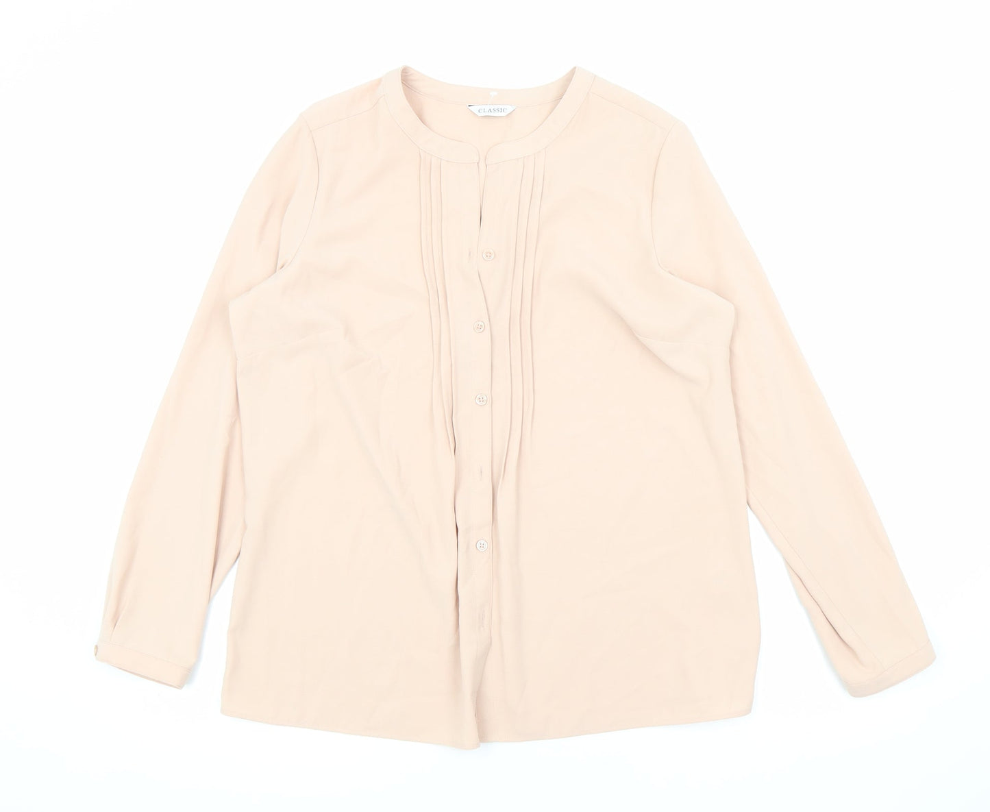 Classic Womens Pink Polyester Basic Button-Up Size 14 Round Neck