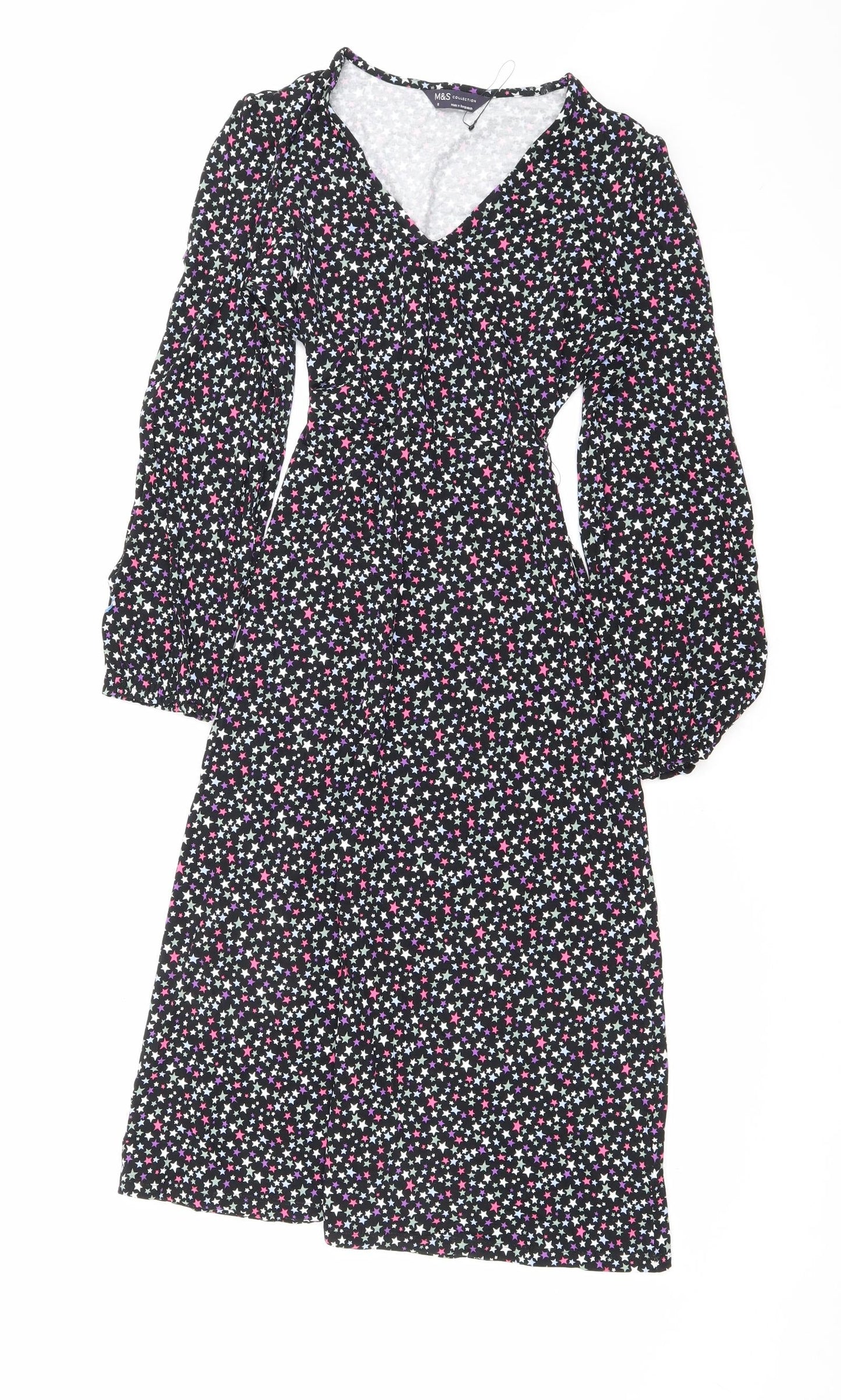 Marks and Spencer Womens Black Geometric Viscose A-Line Size 8 V-Neck Tie