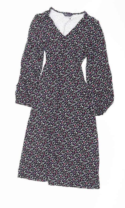Marks and Spencer Womens Black Geometric Viscose A-Line Size 8 V-Neck Tie