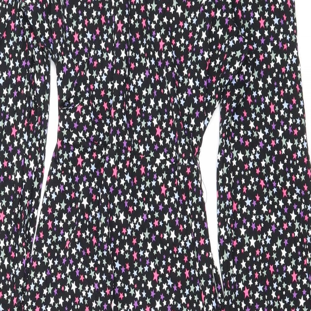 Marks and Spencer Womens Black Geometric Viscose A-Line Size 8 V-Neck Tie