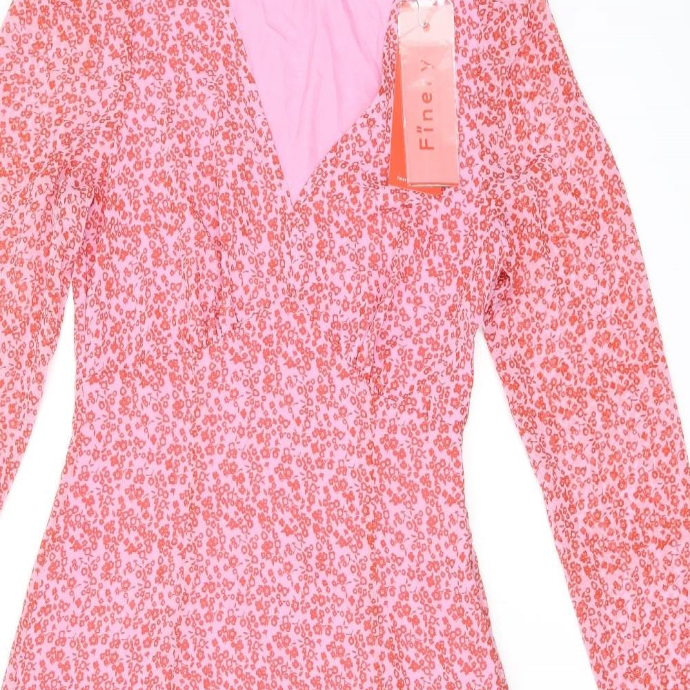 Finery Womens Pink Floral Polyester A-Line Size 10 V-Neck Zip