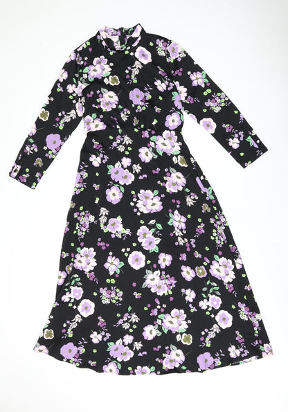 Marks & Spencer Womens Black Floral Polyester A-Line Size 8 Round Neck Zip