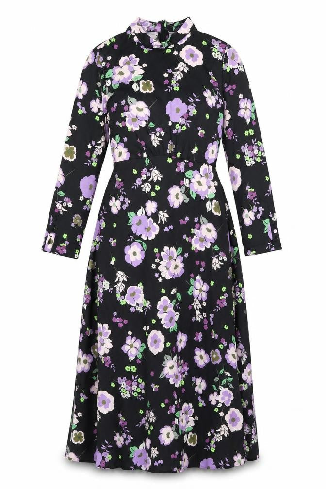 Marks & Spencer Womens Black Floral Polyester A-Line Size 8 Round Neck Zip