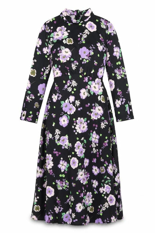Marks & Spencer Womens Black Floral Polyester A-Line Size 8 Round Neck Zip
