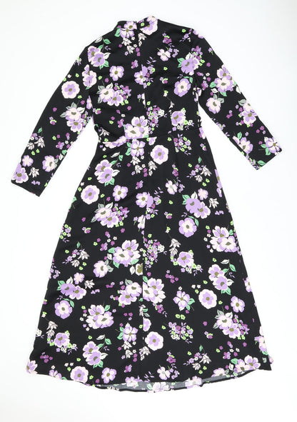 Marks & Spencer Womens Black Floral Polyester A-Line Size 8 Round Neck Zip