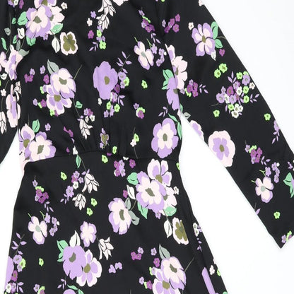 Marks & Spencer Womens Black Floral Polyester A-Line Size 8 Round Neck Zip