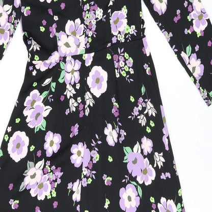 Marks & Spencer Womens Black Floral Polyester A-Line Size 8 Round Neck Zip