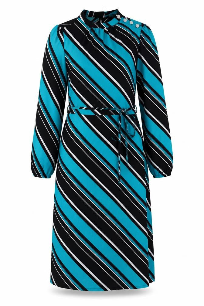 Marks & Spencer Womens Blue Striped Polyester A-Line Size 12 Mock Neck Button