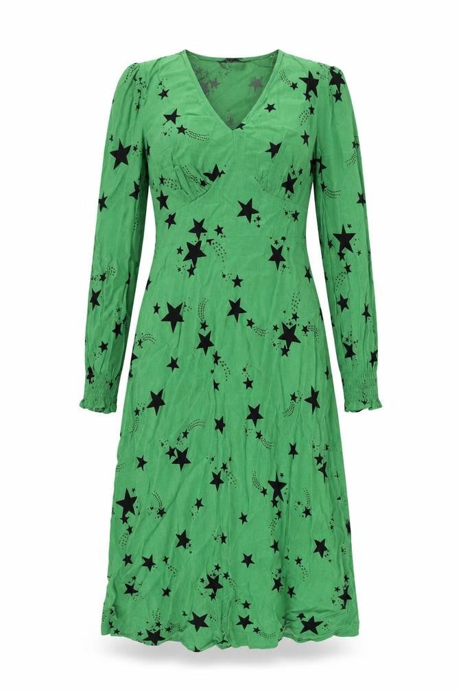 Marks & Spencer Womens Green Geometric Viscose A-Line Size 10 V-Neck Zip - Star Print