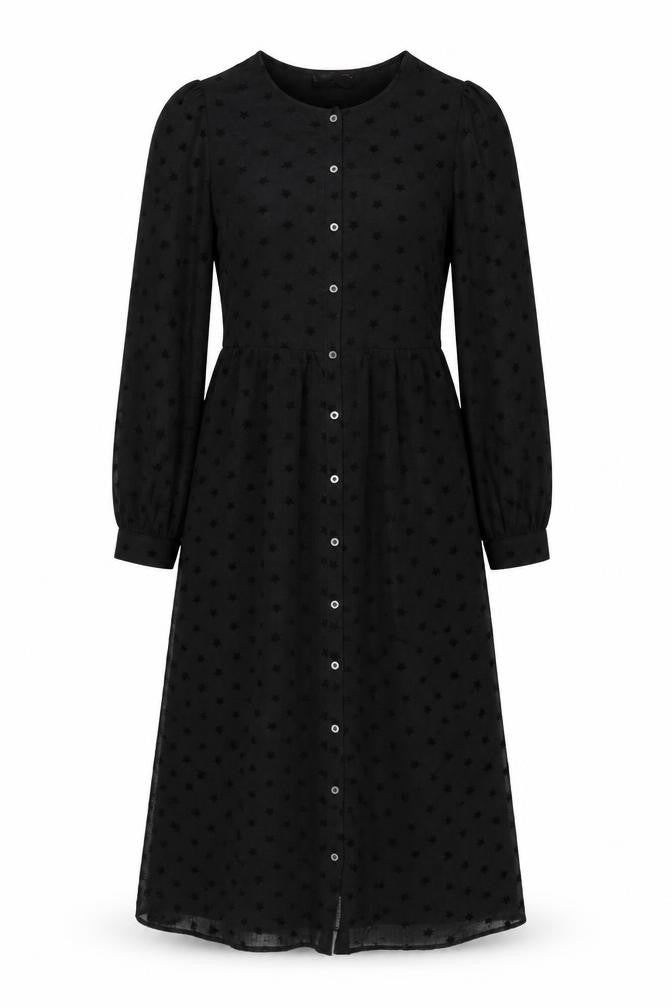 Marks & Spencer Womens Black Geometric Polyester A-Line Size 10 Round Neck Button - Star Pattern