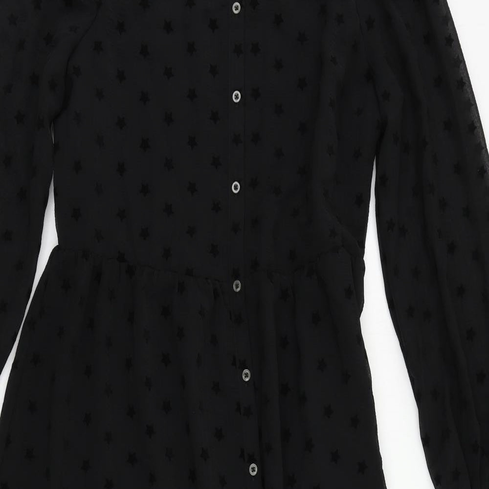 Marks and Spencer Womens Black Geometric Polyester A-Line Size 10 Round Neck Button - Star Pattern
