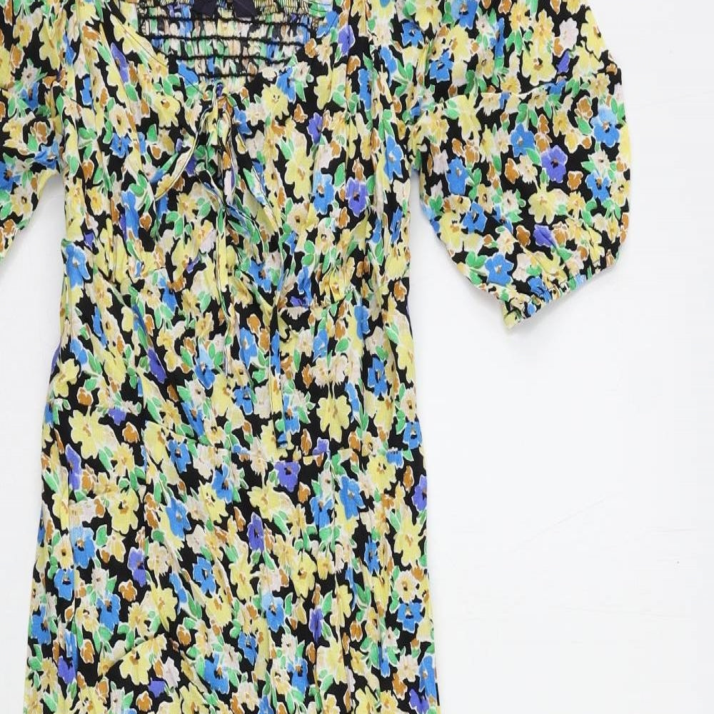 Marks and Spencer Womens Multicoloured Floral Viscose A-Line Size 8 V-Neck Zip - Shirred Back