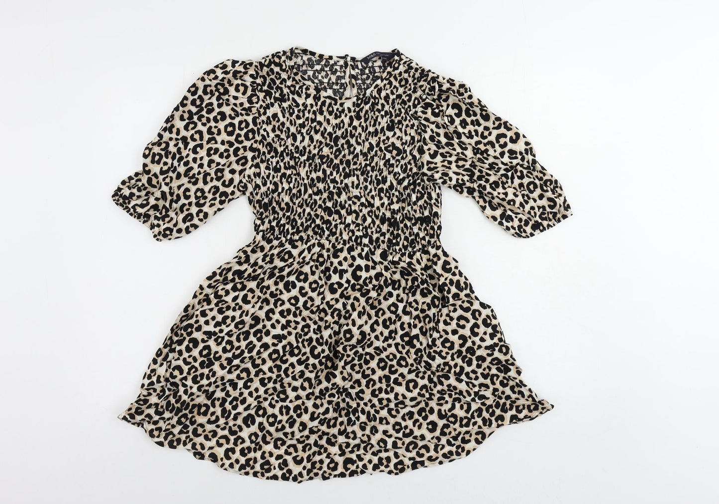 Marks and Spencer Womens Black Animal Print Viscose Basic Blouse Size 8 Round Neck - Elastic Waist
