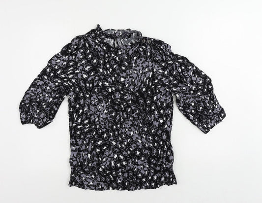 Marks and Spencer Womens Black Animal Print Viscose Basic Blouse Size 8 Mock Neck