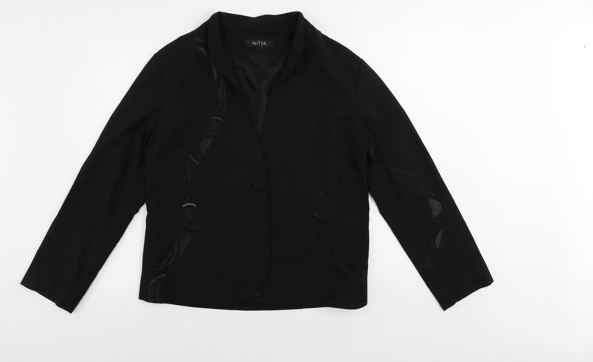 Nitya Womens Black Jacket Blazer Size 10 Button - Embroidered