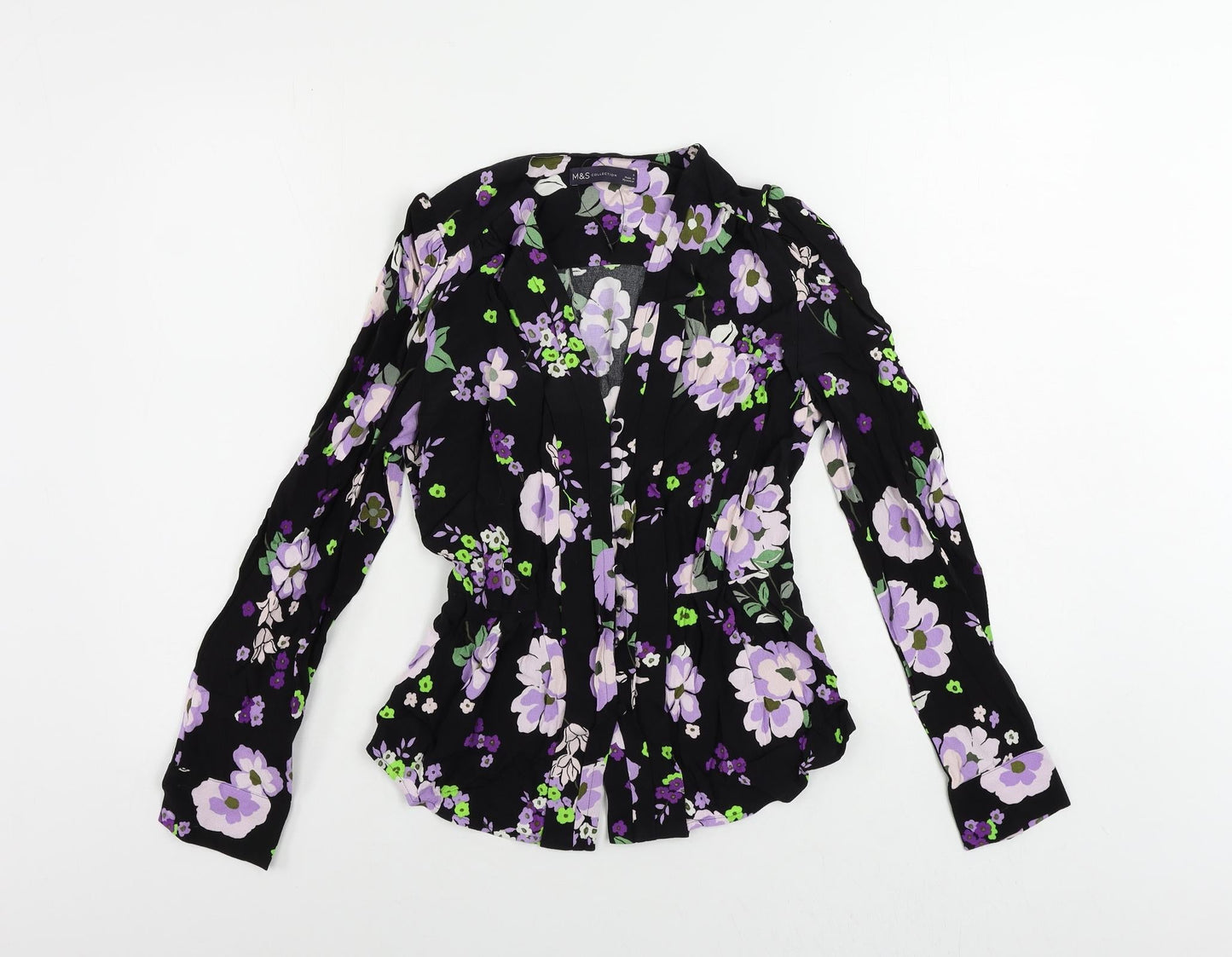 Marks and Spencer Womens Black Floral Viscose Basic Button-Up Size 6 V-Neck
