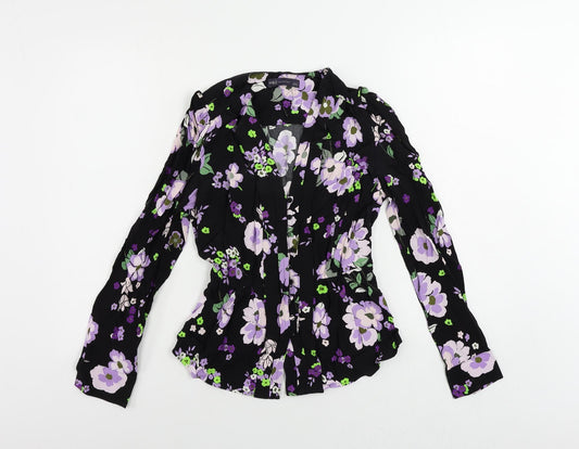 Marks and Spencer Womens Black Floral Viscose Basic Button-Up Size 6 V-Neck