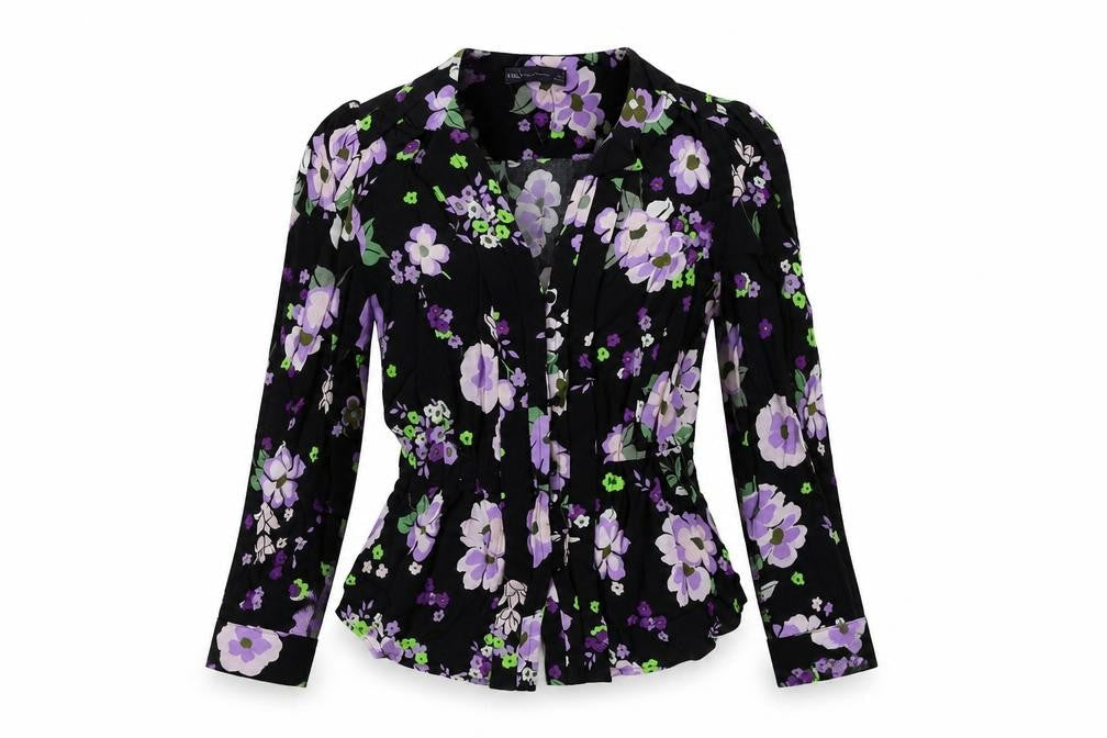 Marks & Spencer Womens Black Floral Viscose Basic Button-Up Size 6 V-Neck