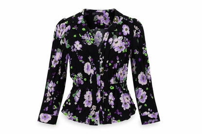 Marks & Spencer Womens Black Floral Viscose Basic Button-Up Size 6 V-Neck