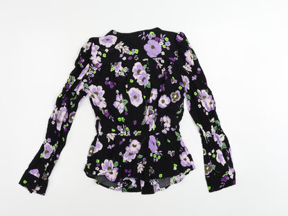 Marks & Spencer Womens Black Floral Viscose Basic Button-Up Size 6 V-Neck