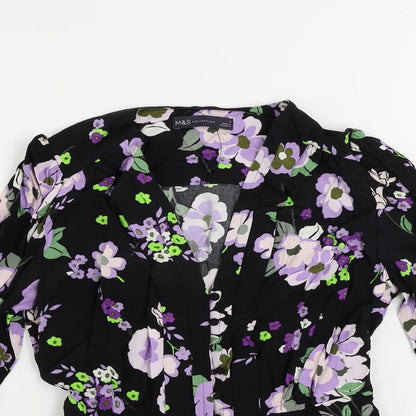 Marks & Spencer Womens Black Floral Viscose Basic Button-Up Size 6 V-Neck