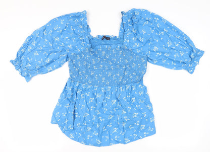 Preloved M&S Women's Blue Floral Tunic Blouse Size 14 - Front