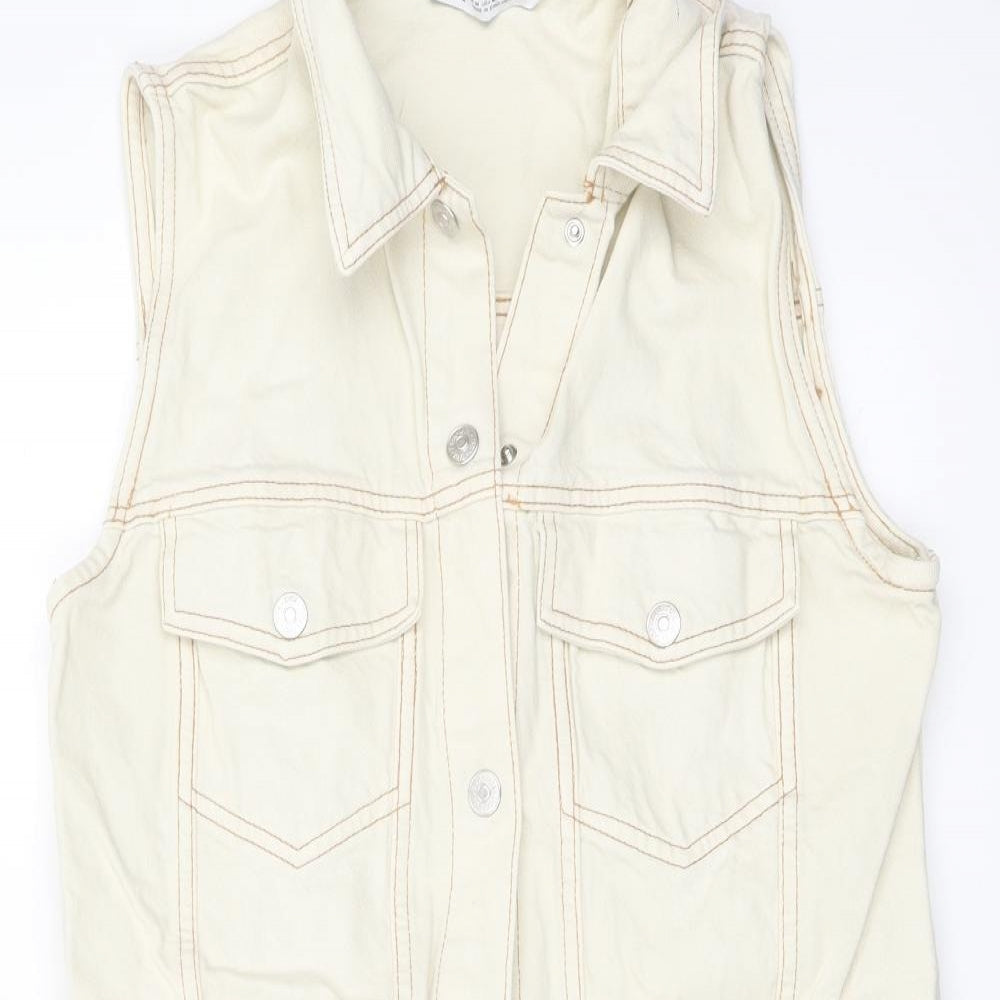 Zara Womens Ivory Cotton Pinafore/Dungaree Dress Size M Collared Button