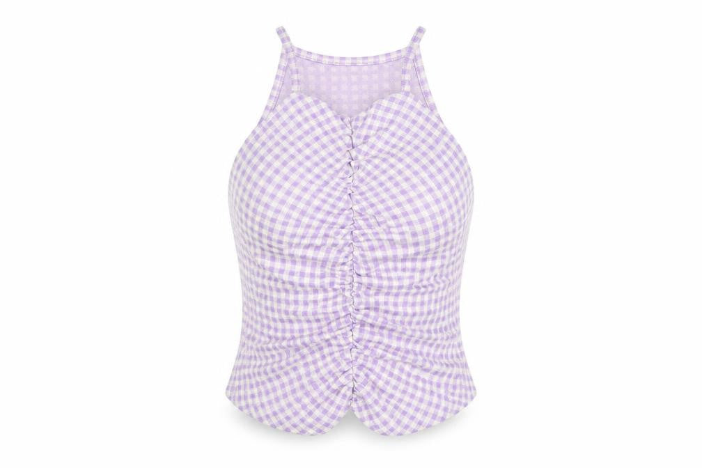 Zara Womens Purple Check Cotton Cropped T-Shirt Size S Square Neck