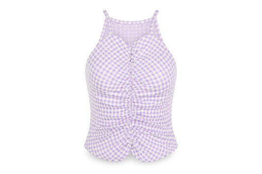 Zara Womens Purple Check Cotton Cropped T-Shirt Size S Square Neck