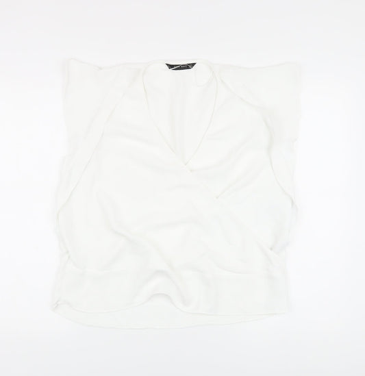 Zara Womens White Polyacrylate Fibre Basic Blouse Size L V-Neck