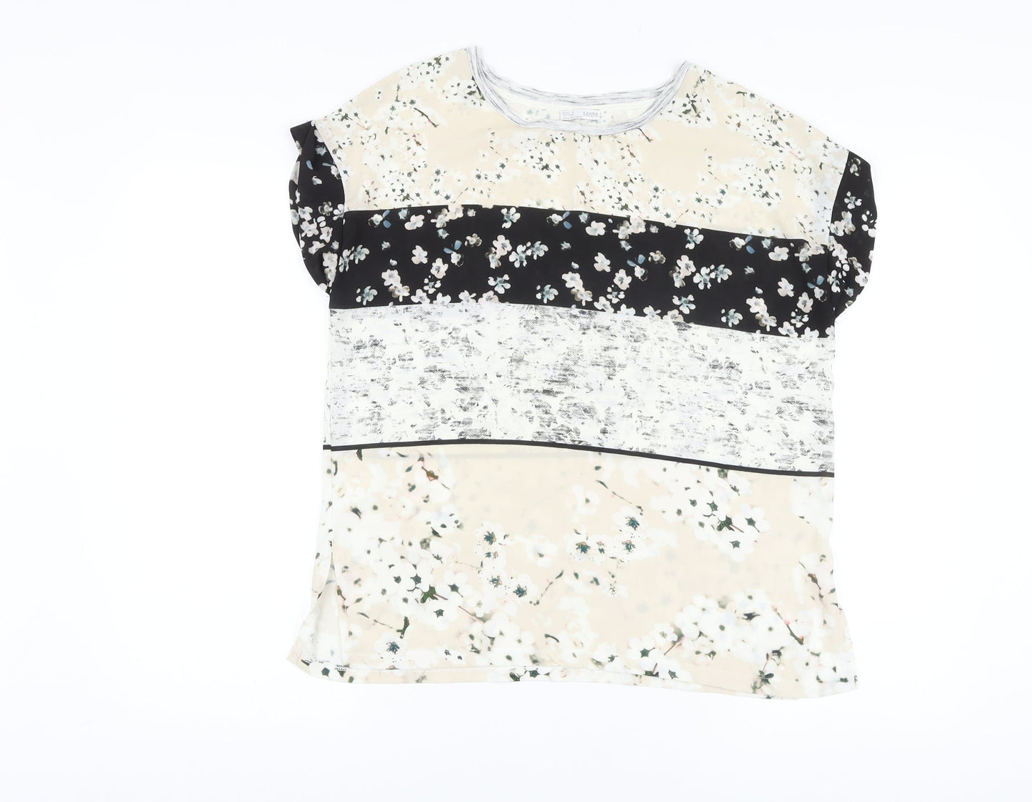 Zara Womens Multicoloured Floral Polyester Basic T-Shirt Size S Round Neck
