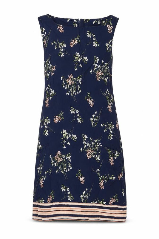 Front view of Red Herring women’s blue floral viscose a-line, size UK 10, boat neck zip