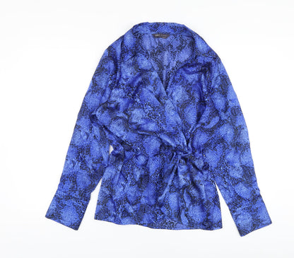Marks & Spencer Womens Blue Animal Print Polyester Basic Blouse Size 12 V-Neck