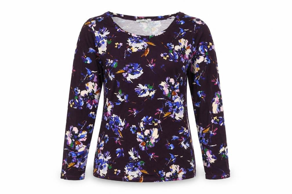 Bella Di Note Womens Purple Floral Viscose Basic Blouse Size 8 Round Neck
