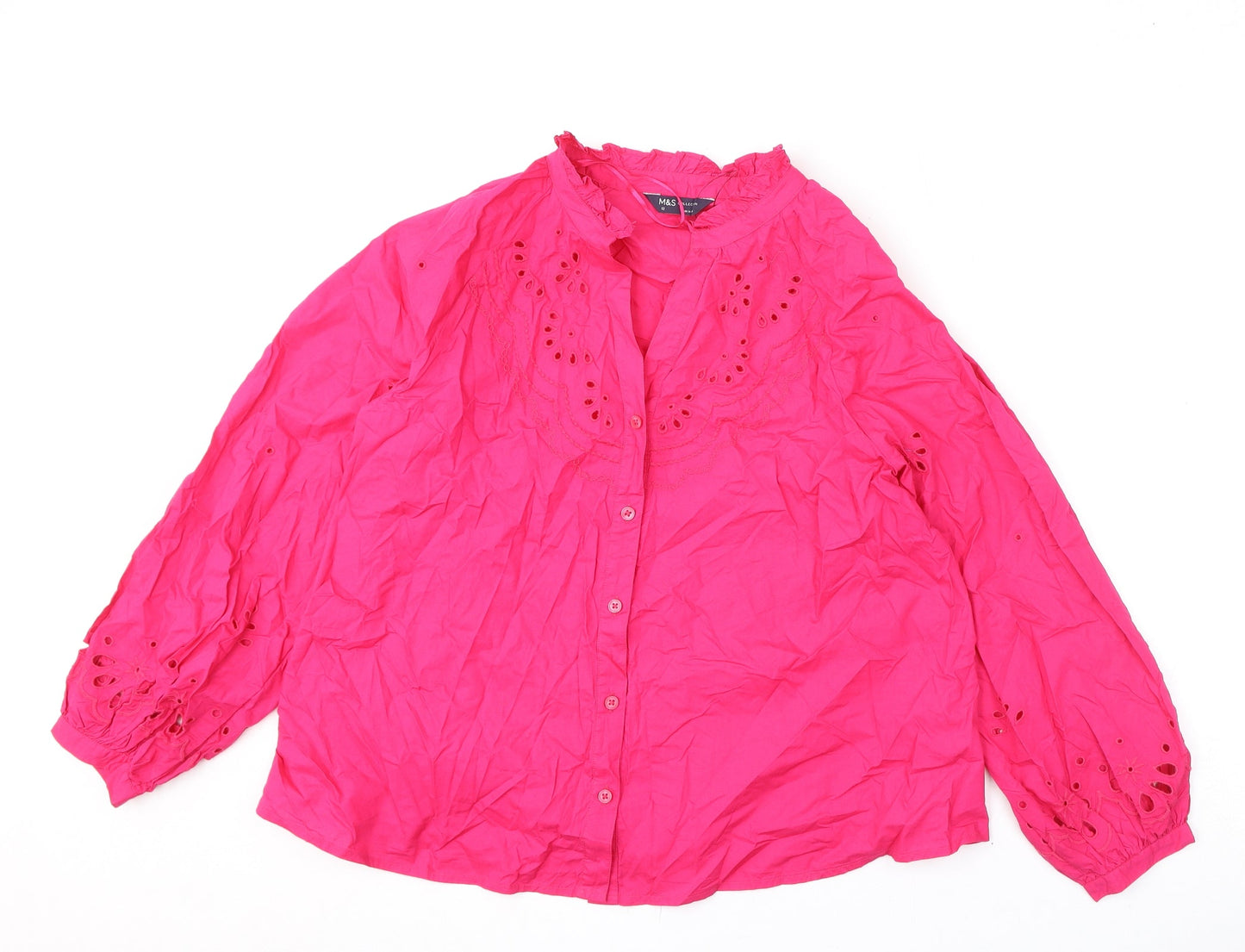 Marks and Spencer Womens Pink 100% Cotton Basic Button-Up Size 12 V-Neck - Embroidery