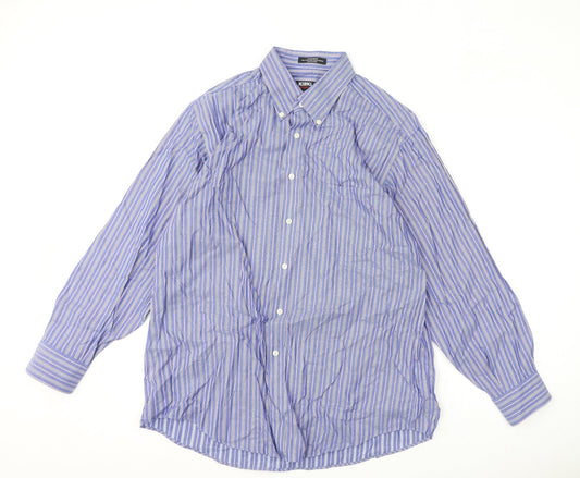 Kirkland Mens Blue Striped Polyester Button-Up Size 16.5 Collared Button