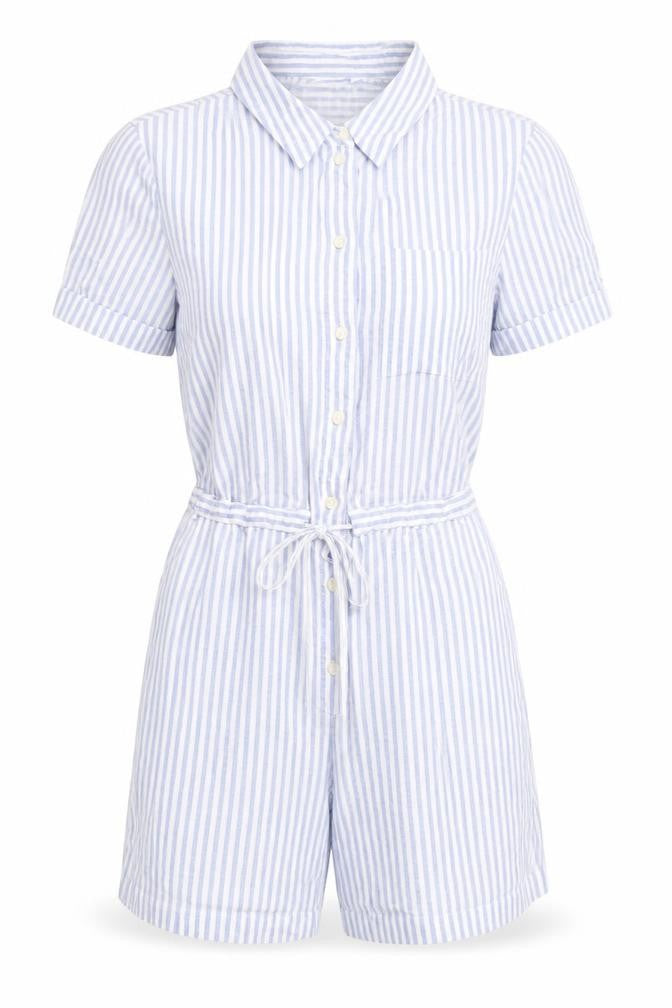Marks & Spencer Womens Blue Striped Linen Romper One-Piece Size 12 L3 in Button