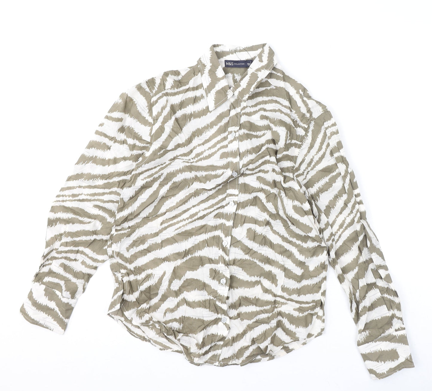 Marks and Spencer Womens Brown Animal Print 100% Cotton Basic Button-Up Size 6 Collared - Tiger Print