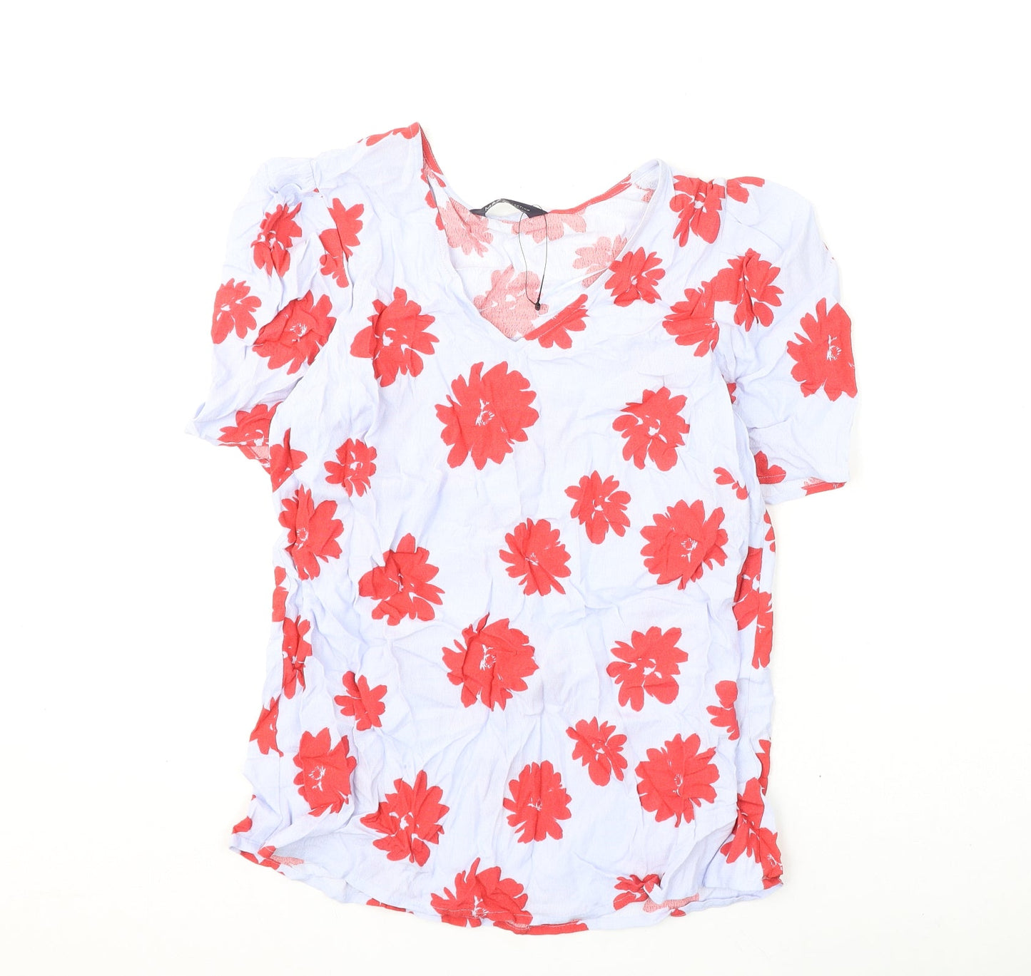 Marks and Spencer Womens Blue Floral Viscose Basic Blouse Size 10 V-Neck